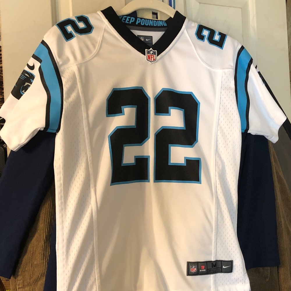 Nike White Carolina Panthers #22 Football Jersey with Black and Light Blue Trim